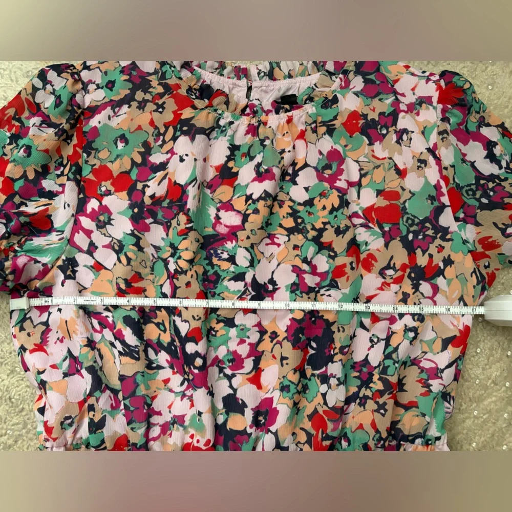 J.Crew Floral Peplum Blouse Size M • Pink Multicolor Ruffle Neck Lined Top - Picture 7 of 9